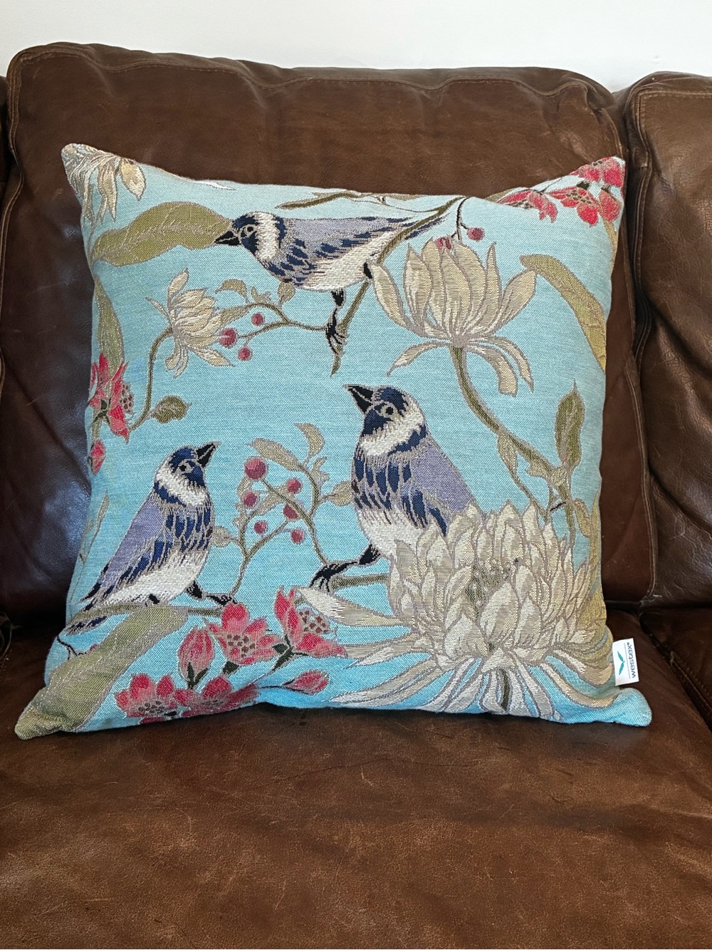 Embroidered Bird & Floral Accent Pillow - Aqua
